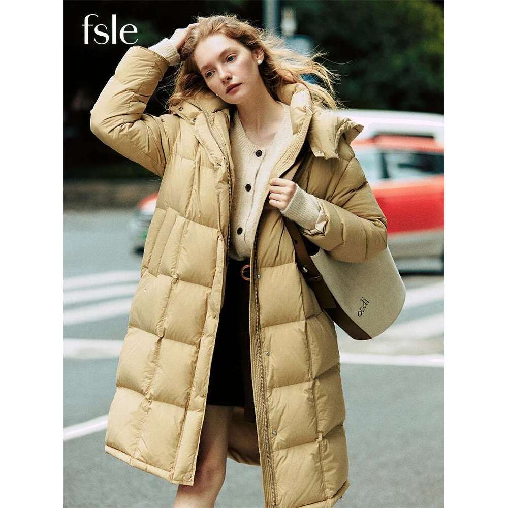FSLE 240G Filling Capacity Retro Urban Commute Simple Korean Style Hooded Mid-Length Jacket Yellow Thicken Female Down Coat