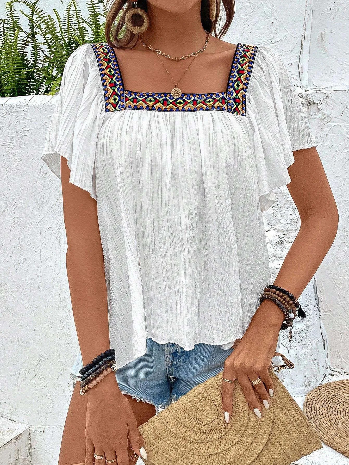 European and American womens elegant fashionable personalized ed square collar bat sleeve irregular shirt 250514