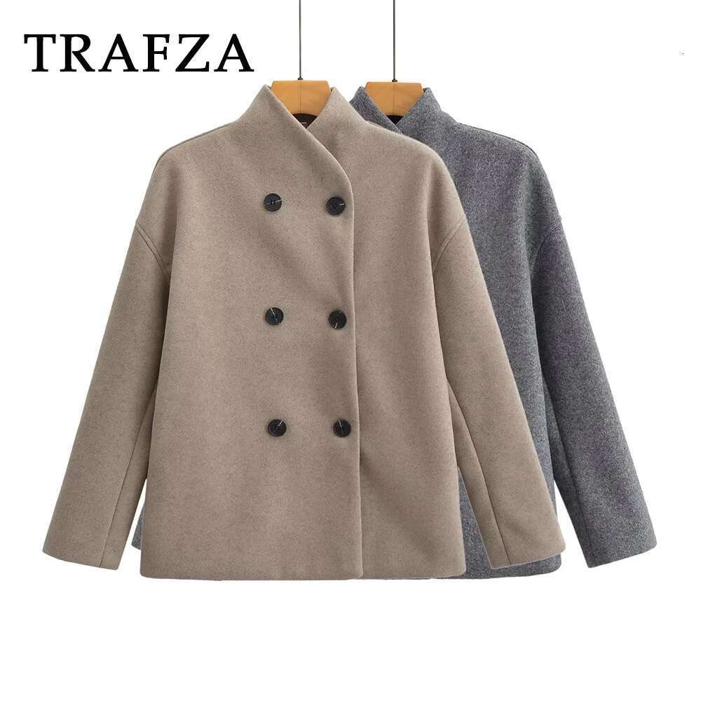 TRAFZA 2025 Autumn Winter Women Casual Solid Woolen Coat Fashion Office Lady Loose Double Breasted Turtleneck Demi-season Jacket