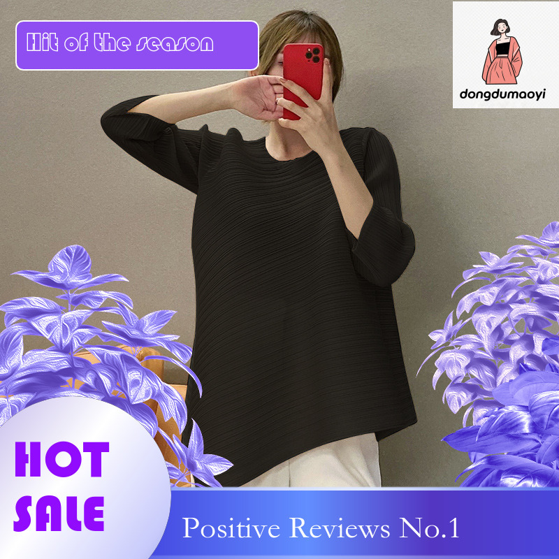 dongdumaoyi Folded top for women, loose seven quarter sleeves, Miyake spring and summer new design, irregular, niche, versatile T-shirt, women's 
