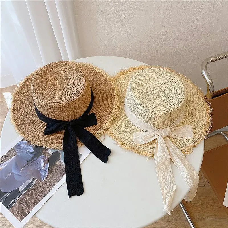 Beach HatJapanese Everything Hairy Edge Straw Hat Female Summer Flat Top Outing Sun Hat Small Fresh Bow Sun Shade Beach Hat 250514