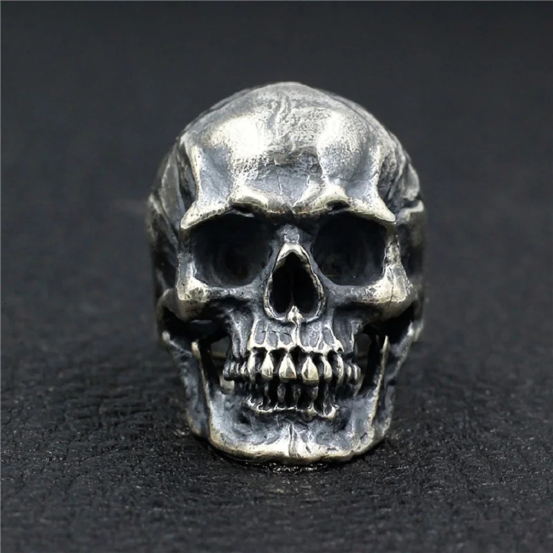 34mm Width Real Silver Big Retro Skull Ring Man Woman S925 Sterling Silver Handmade Skull Head Closed Rings Male Fine Jewelry 250509