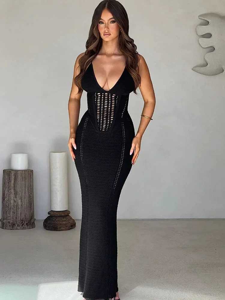 BWQ Puss Knit Elegant Dress Women Sleeveless Backless Cross Bandage Stretch Simple Sexy Birthday Party Clubwear Slim DressesXJ250514