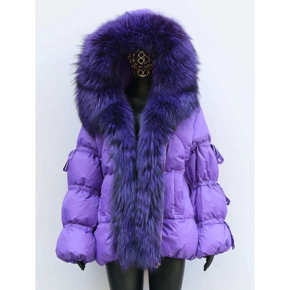 Women's Winter Duck Jacket Genuine Fox Fur Hooded Down Coat Bread Outerwear Fashion Elegant Lantern Bow Sleeve
