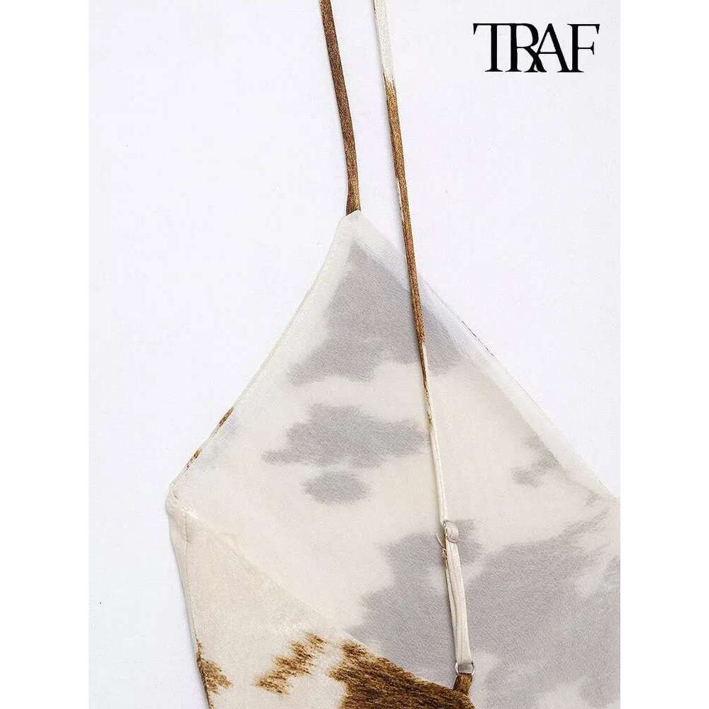 TRAF Women's Satin Texture V-Neck Mistletoe Fashion Sexy Spot Printed Long Halter Dress Temperament Elegant Womenswear