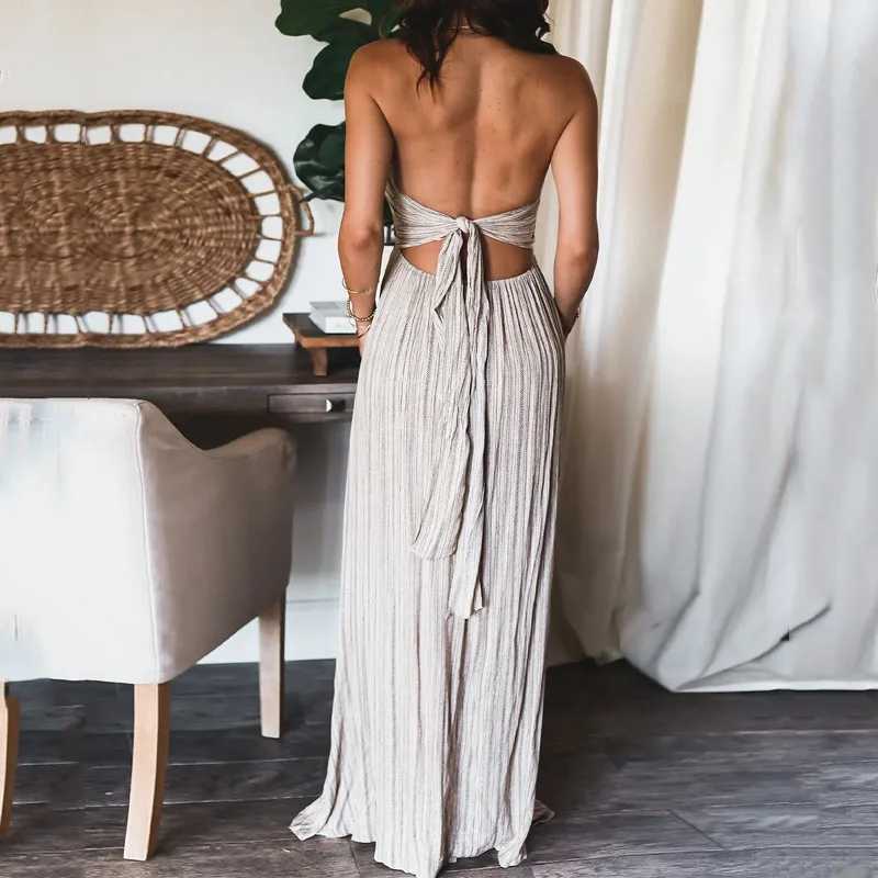 2025 Womens Summer Sexy U Neck Halter Long Party Dress Solid High Waist Pleated Maxi Dress Backless Lace-up Hollow Boho DressesXJ250514