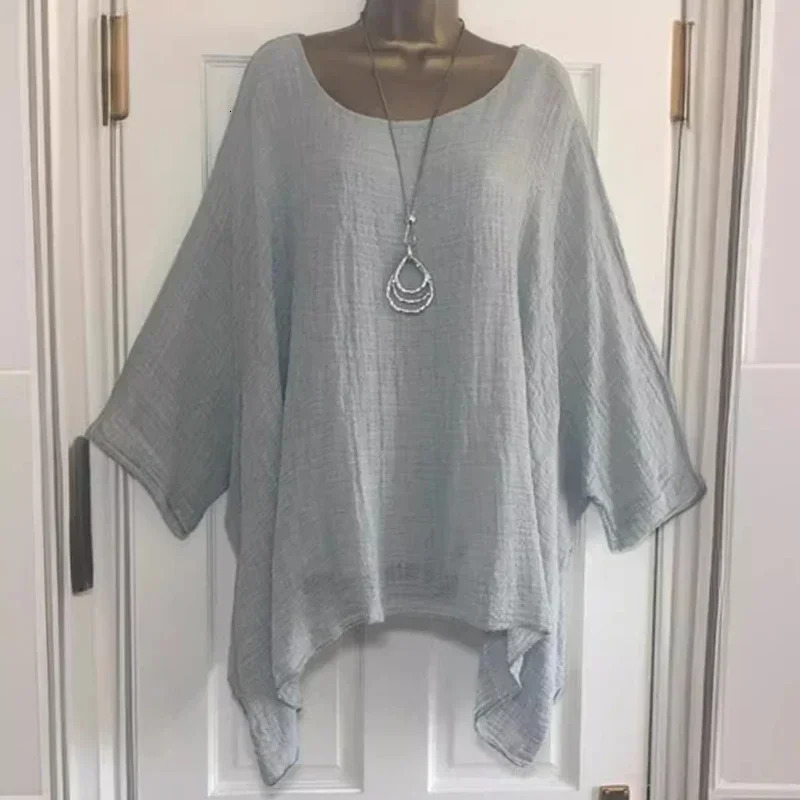 Womens tshirts Plus Size 5XL TShirt Linen O Neck Casual Loose Shirt Summer Autumn Solid Batwing Long Sleeve 250514