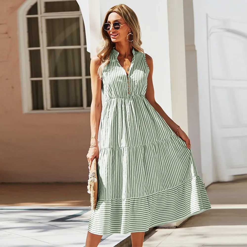 Vintage Boho Summer Midi Dress Women Sleeveless Casual Holiday Striped Shirt Dress Women Sundress Outfits Female Dress DressesXJ250514