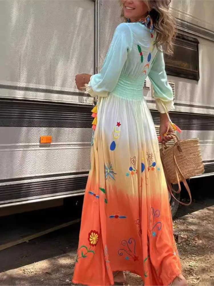 Flower Gradient Print Long Dresses Women Fashion V-neck Long Sleeve Tassel A-line Slit Dress Beach Vacation Vestidos Female NewXJ250514