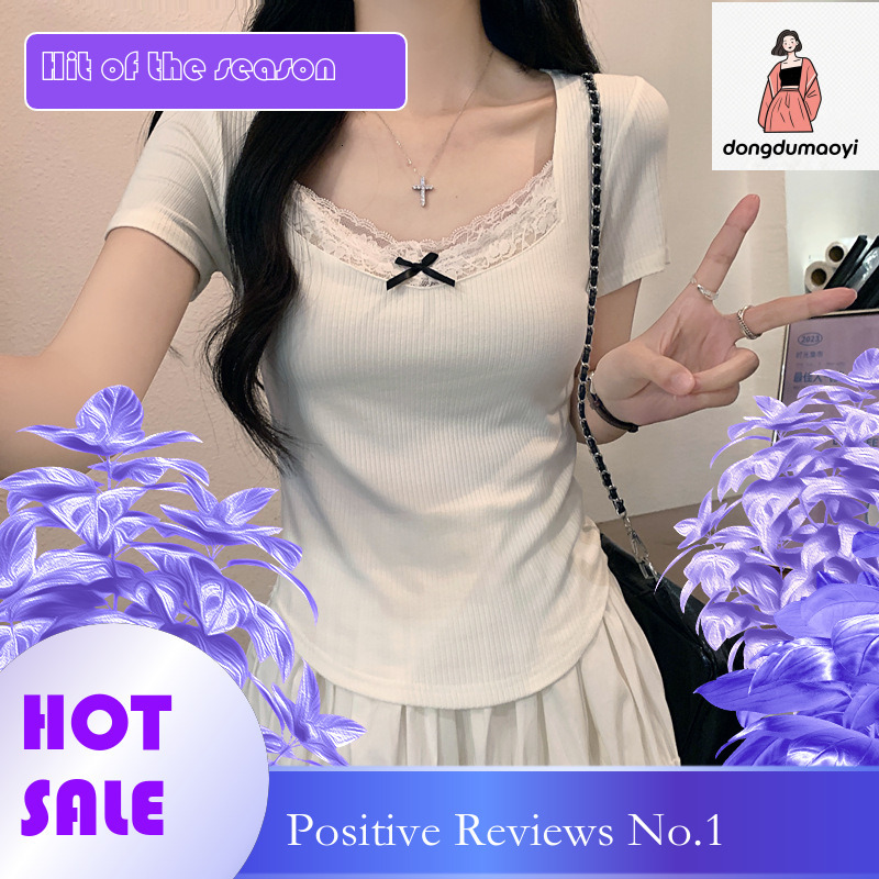dongdumaoyi Spicy Girl Design Lace Splicing Short Sleeve T-shirt for Women's Summer New Style, Slim Fit, Pure Desire Ballet Style BM Top