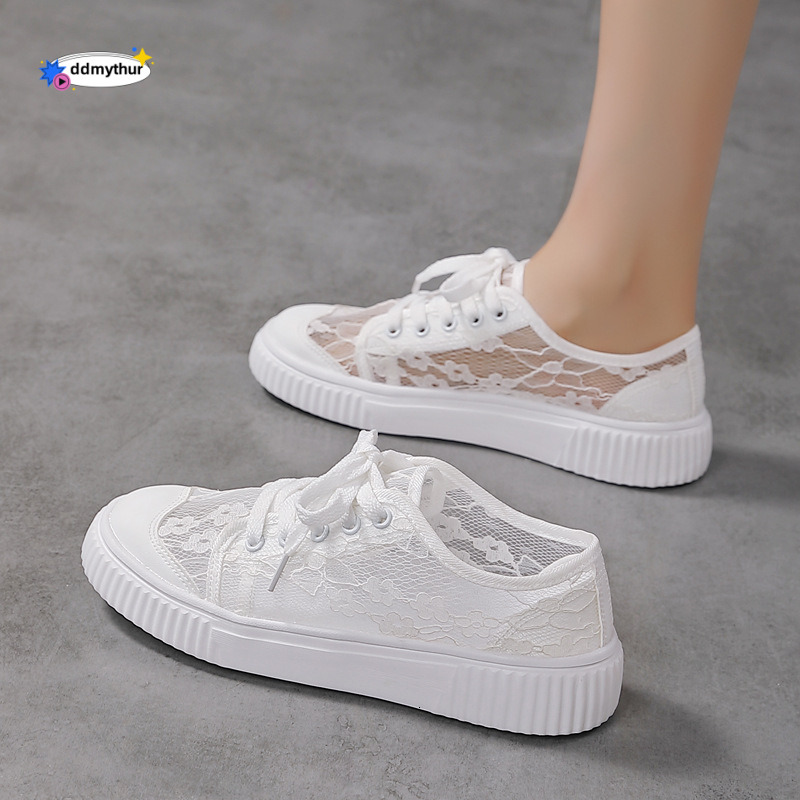 2024 Summer New Trendy Lace Breathable Mesh Hollow Canvas Casual Sports Little White Board Shoes ddmythur