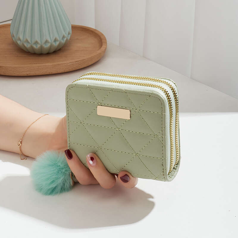 Small Hair Ball Bag New Double-Layer Wallet Dia Grid Texture Iron Label Women's Short Handheld Coin Purse