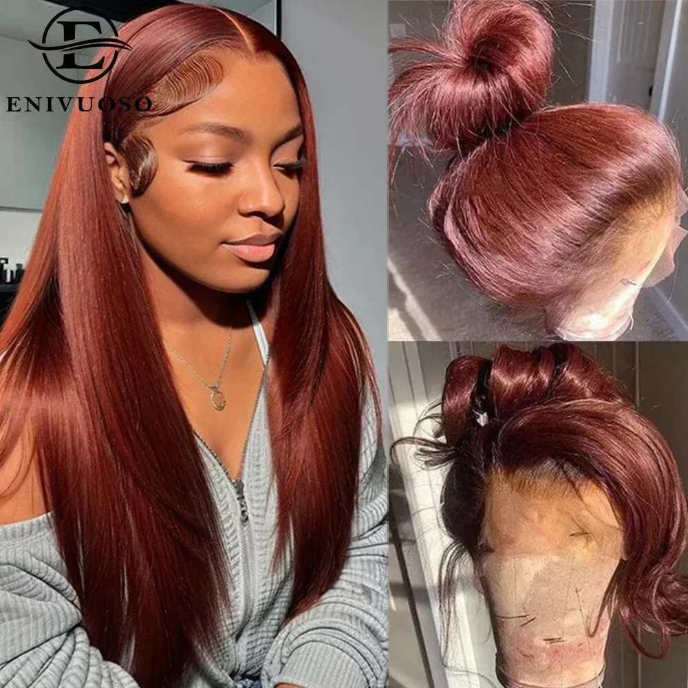 Reddish Silky 13X4 13X6 HD Synthetic Front Wigs For Women 30 Inch Auburn Brown Straight Lace Wig Pre Plucked