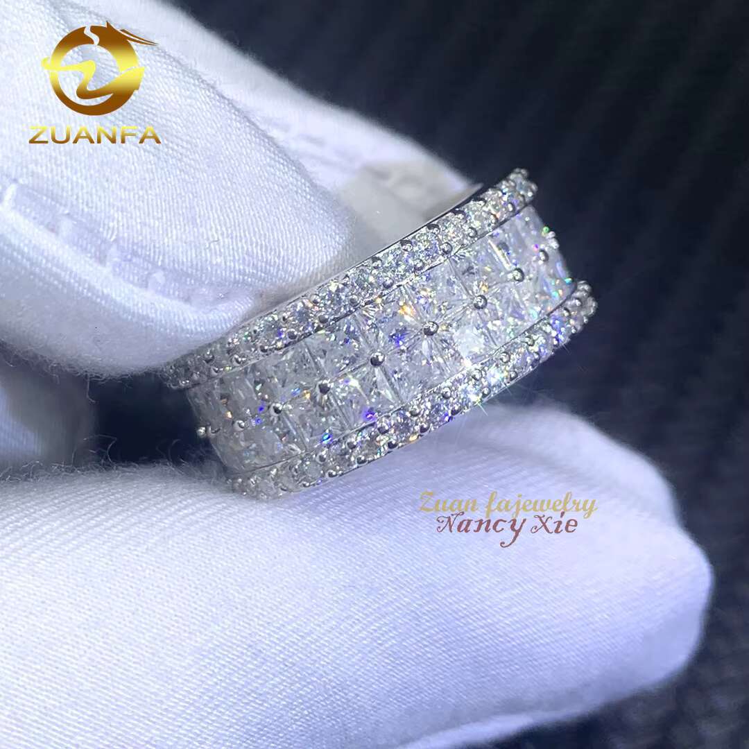 Fashion Jewelry Hip Hop Mens Cuban Gold Ring Iced Out 925 Sterling Silver 2 Rows VVS Princess Cut Moissanite Diamond Ring