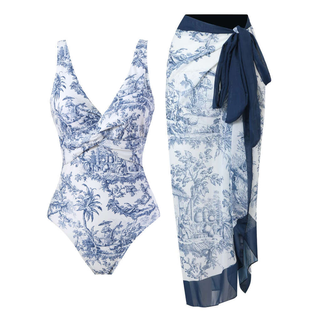2025 European and American one-piece fashionable sexy swimsuit, women's slimming look, retro printed popular swimsuit set, new casual versatile f