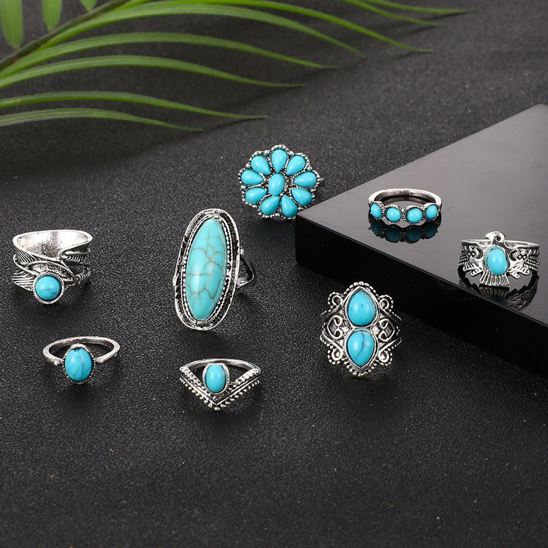 Hot selling Wind Owl Feather Leaf Turquoise 8-piece Set Ring