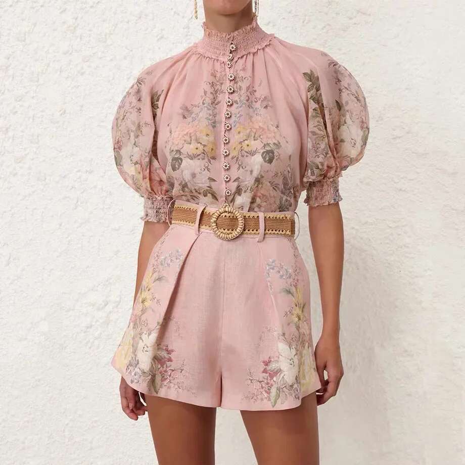 Plus Designer Print Cotton Linen Bubble Sleeve Shirt Shorts Belted High End Women's plus Size Clothing Chinese Style Sum...