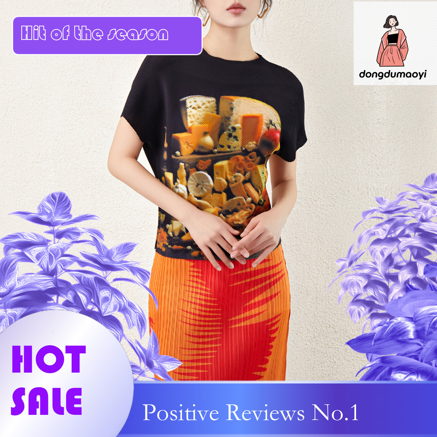 dongdumaoyi Street psychedelic letter design printed top with pleats, new hip-hop style short sleeved T-shirt, women's summer