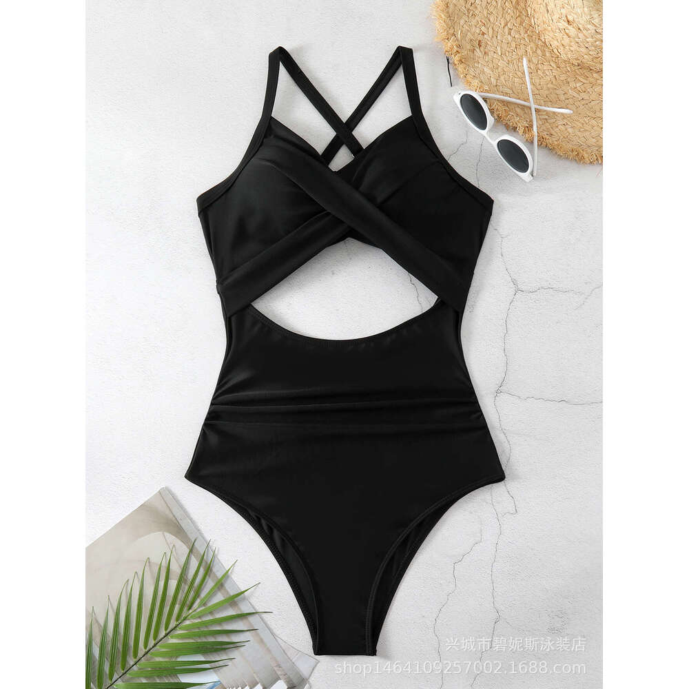 European American one-piece female sexy hollow cross color swimsuit backless tight strap 2025 new style chic and elegant clothing
