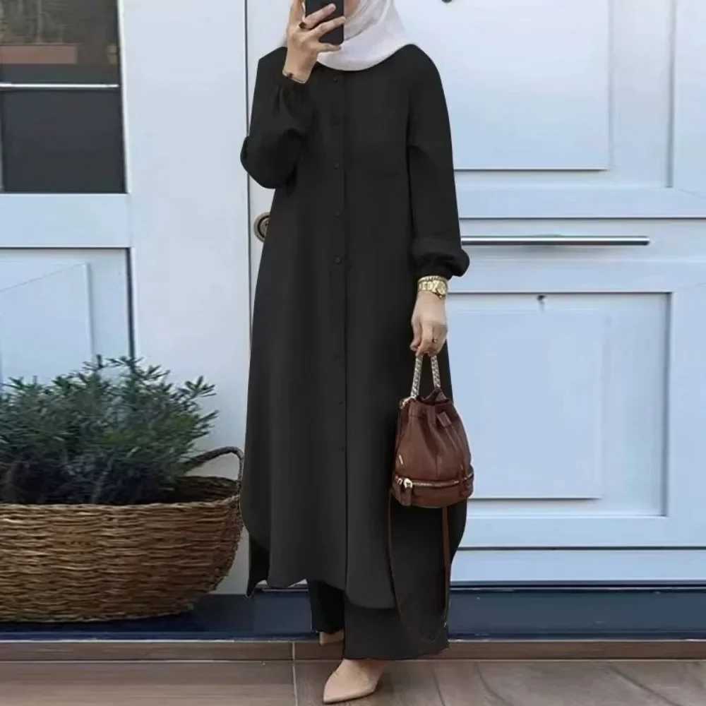 Fashionable Muslim Womens Floral Print Two-Piece Set Long Shirt Wide Leg Pants Spring Autumn Vintage Clothing Ensemble X250514