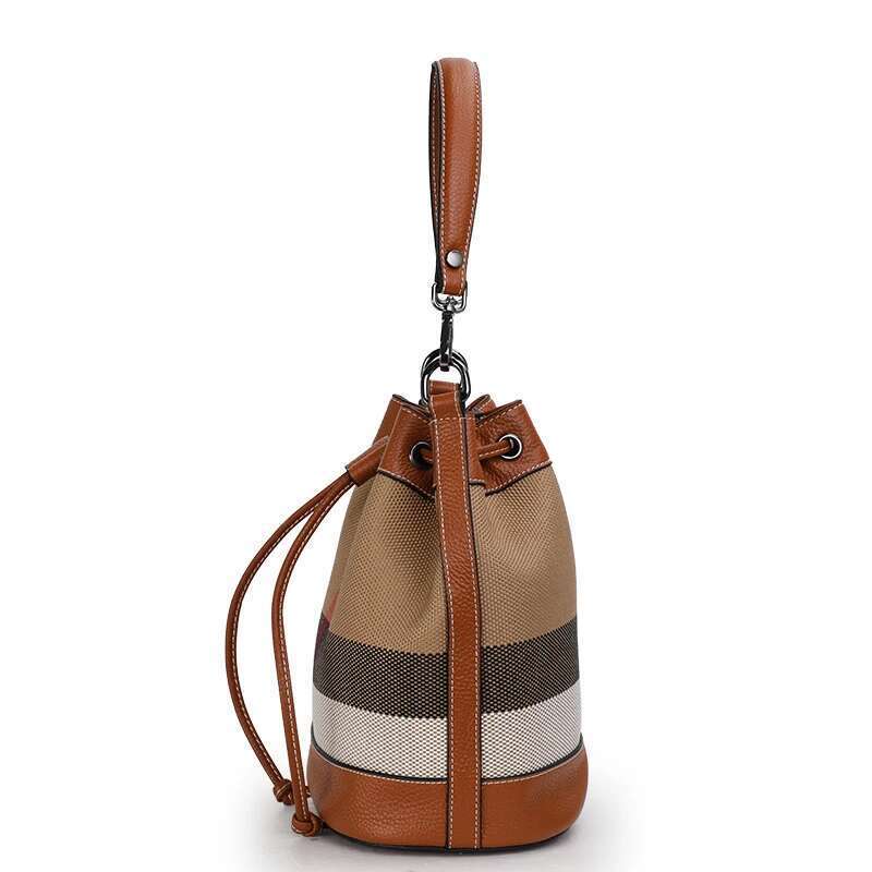 Aidrani Fashion Plaid Canvas With Cowhide Bucket Classic Versatile One Shoulder Crossbody Bag