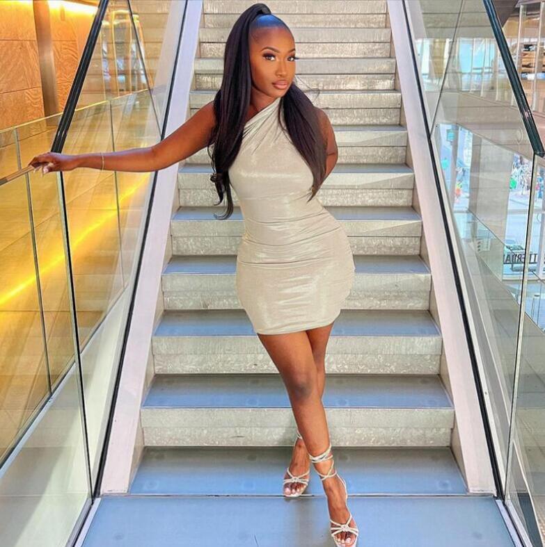 Womens fashion 2023 spring new sexy slim solid color diagonal shoulder sleeveless buttock dress
