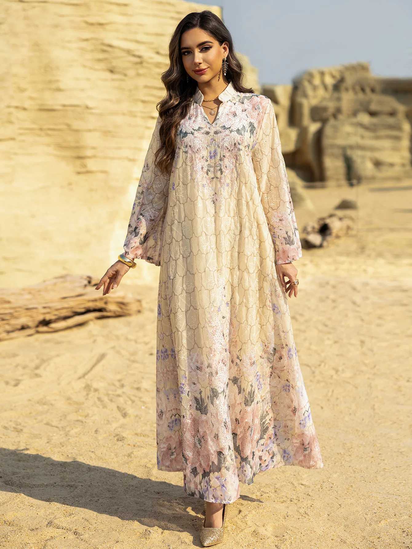 Eid Print Dress for Women Abaya Beading Party Long Dresses Muslim Caftan Robe Jalabiya Ramadan Morocco Dubai 2025 Vestido Largos X2505141