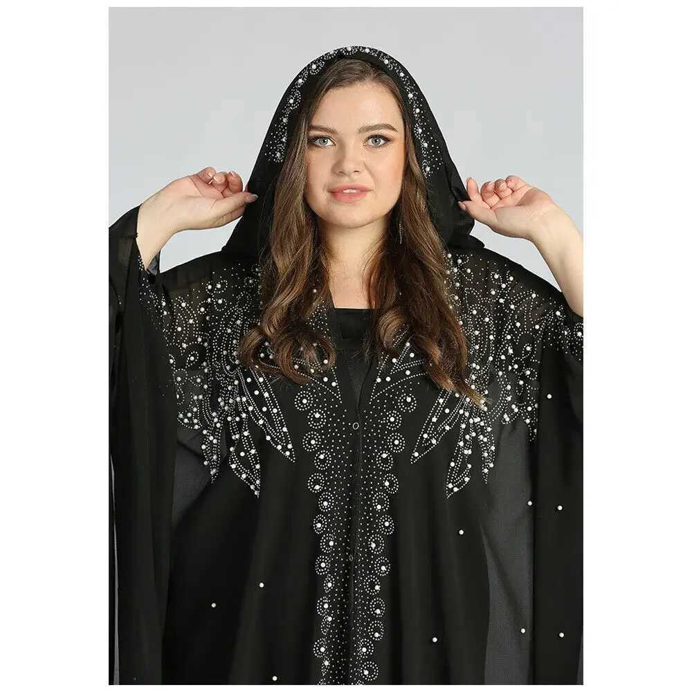 Fashion African Muslim Womens Bat Slves Loose Robe Evening Gown Kaftan Rhinestone Beaded Hooded Chiffon Maxi Dress X250514