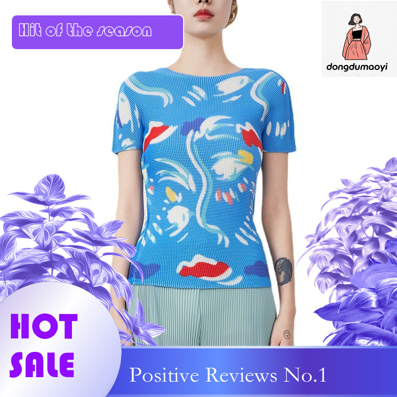 dongdumaoyi High end pleated short sleeved top with women's summer print, slim high elasticity, tight fit, plus size, garden collar, light luxury