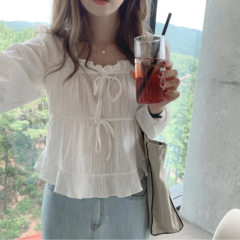 Spring Summer Elegant Womens Blouses Solid Long Sleeve Lace Up Ruffles Korean Casual Short Shirts Tops Female 250514