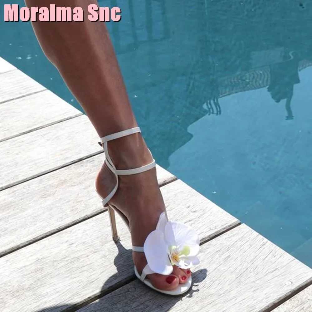 Unique Flower Decor Open Toe Sandals Stiletto High Heel Ankle Buckle Strap White Solid Sexy Women Wedding Shoes Summer Fashion W250514