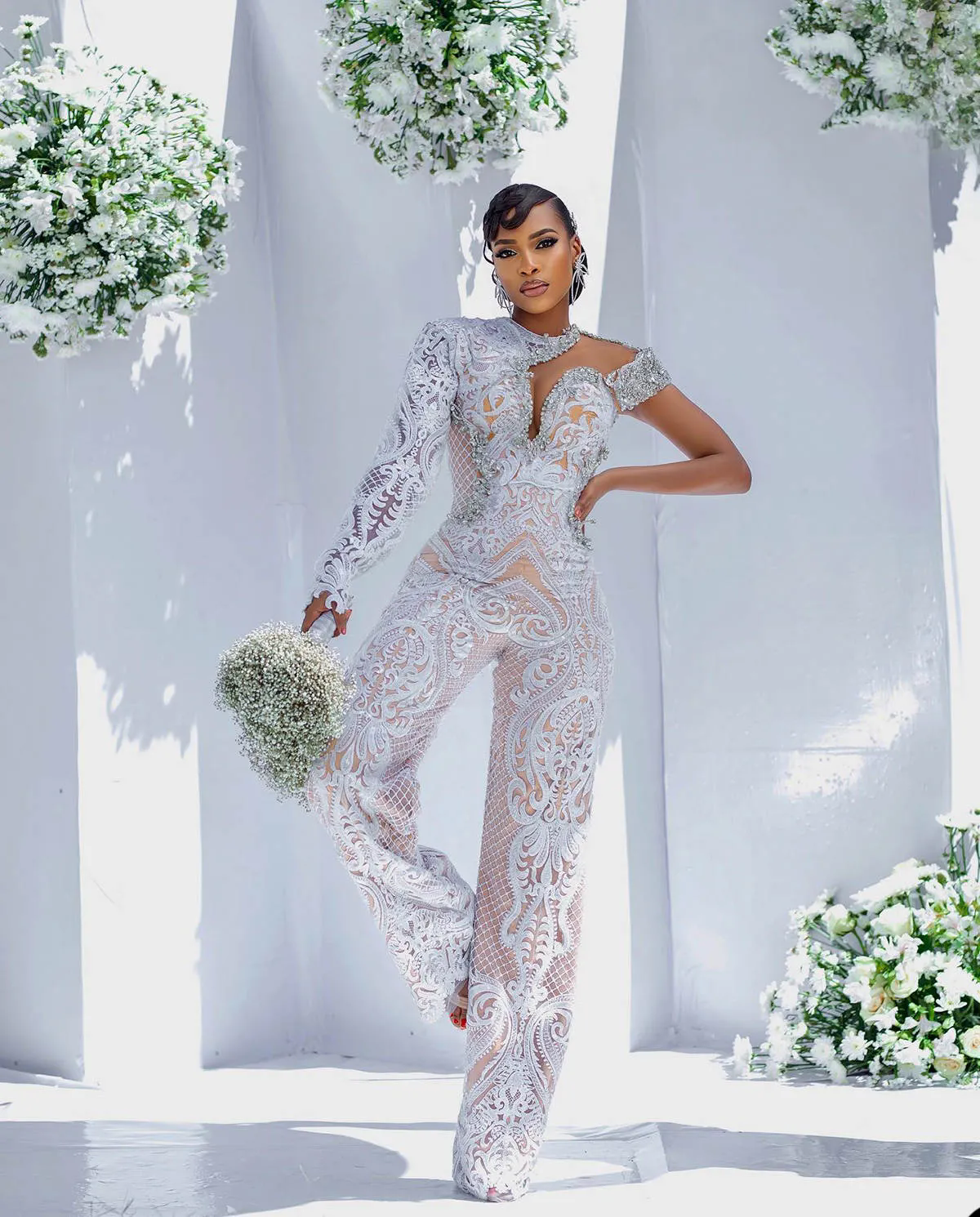 White Country Wedding Jumpsuits Dress One Shoulder Beading Bridal Gowns Lace Long Sleeve Elegant Birde Dresses