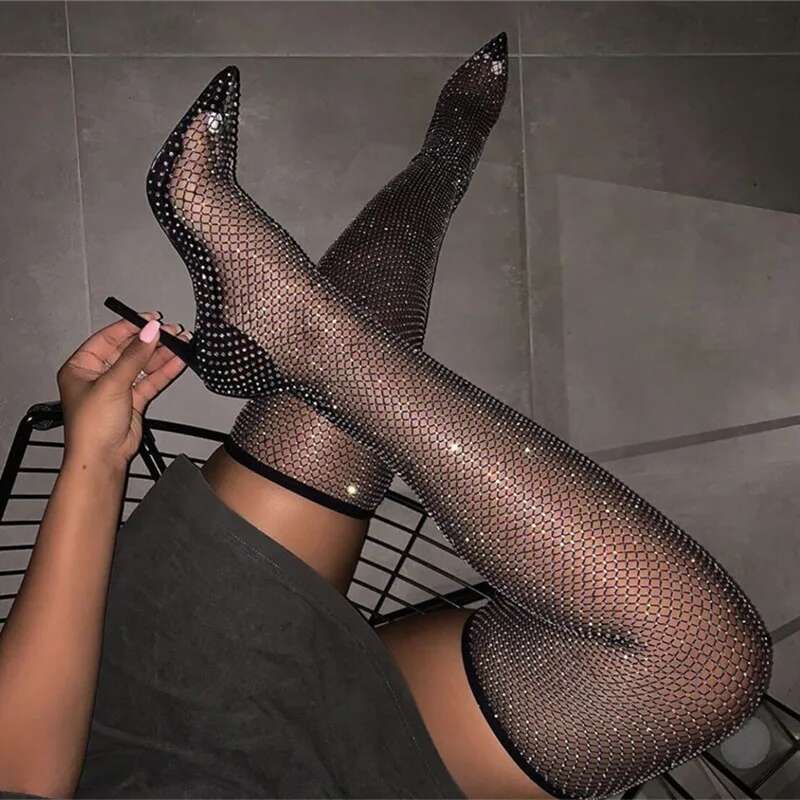 Sexy Pumps Stiletto High Heel Over Knee Mesh Net Sock Boots Pointed Toe Fishnet Shoes Women Heels Plus Size 42