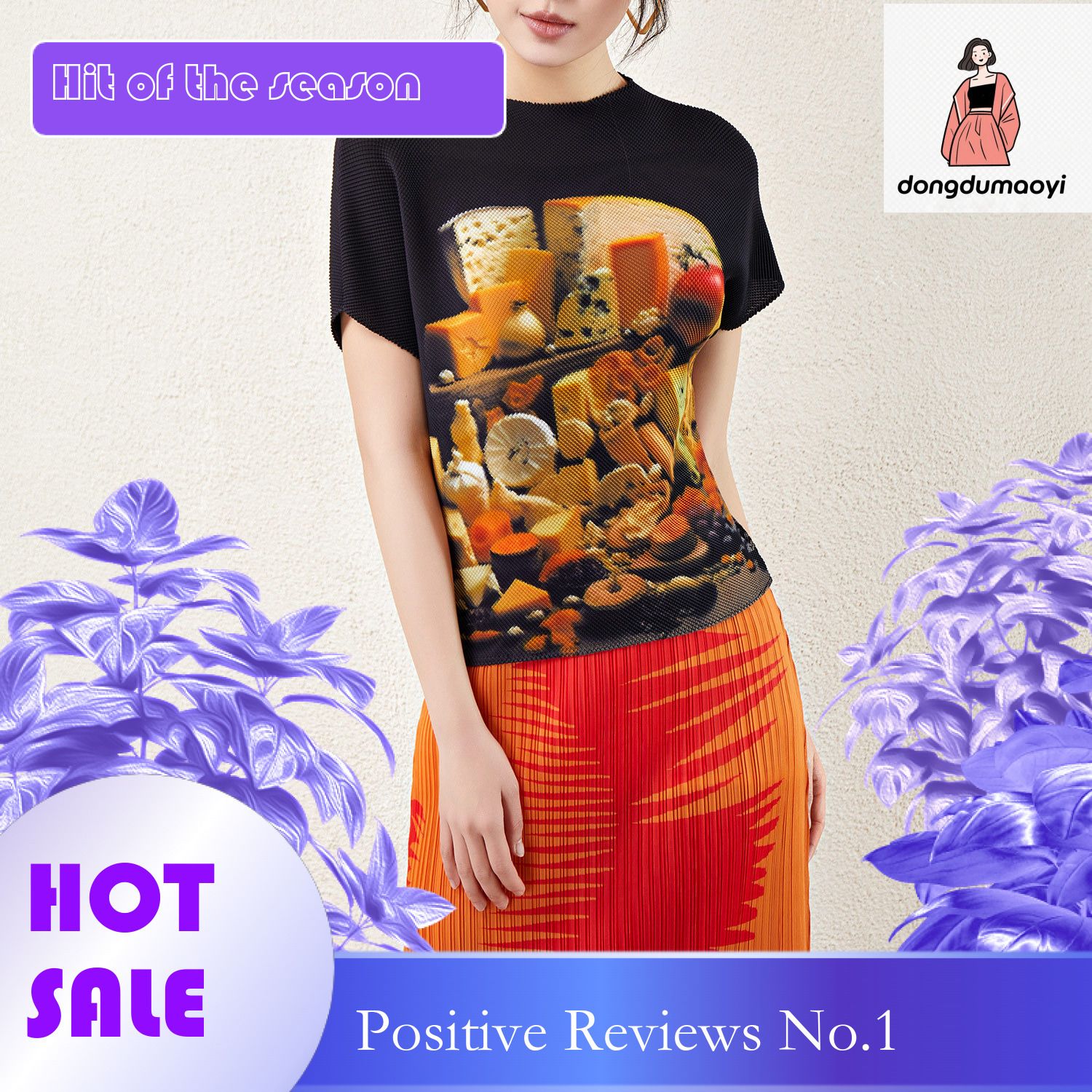 dongdumaoyi Street psychedelic letter design printed top with pleats, new hip-hop style short sleeved T-shirt, women's summer