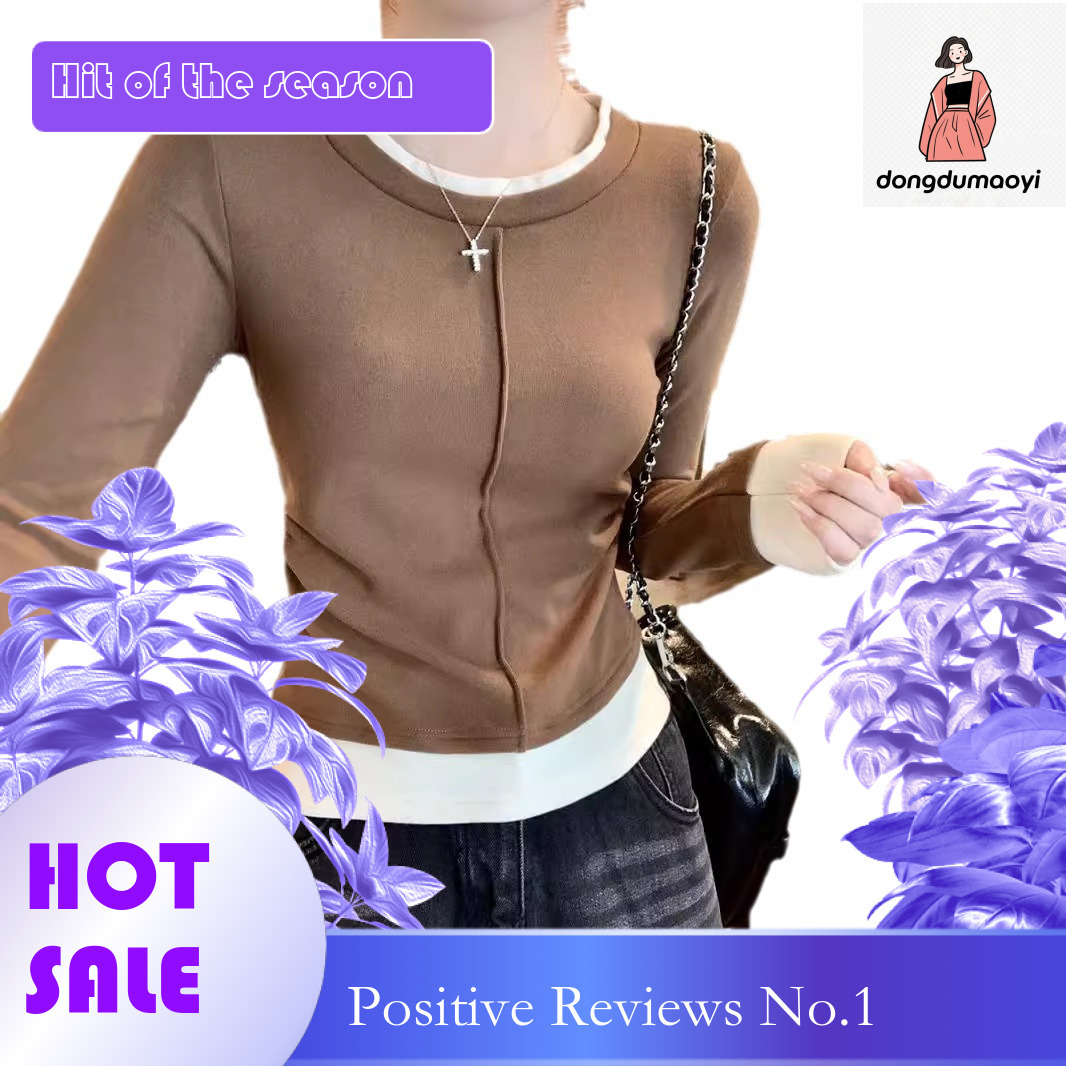 dongdumaoyi 2025 Spring American Fake Two piece Long sleeved T-shirt Bottom Shirt Women's New Style Interior Round Neck Splicing Stacked Top Ins