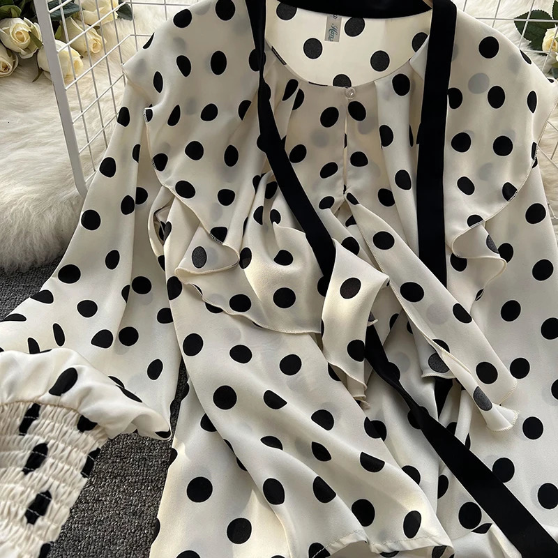 HELIAR Women Elegant Office Chiffon Shirts Polka Dot Printed Long Sleeve Blouse Ruffles Sweet Tops Casual Thin Harajuku Tees 250514