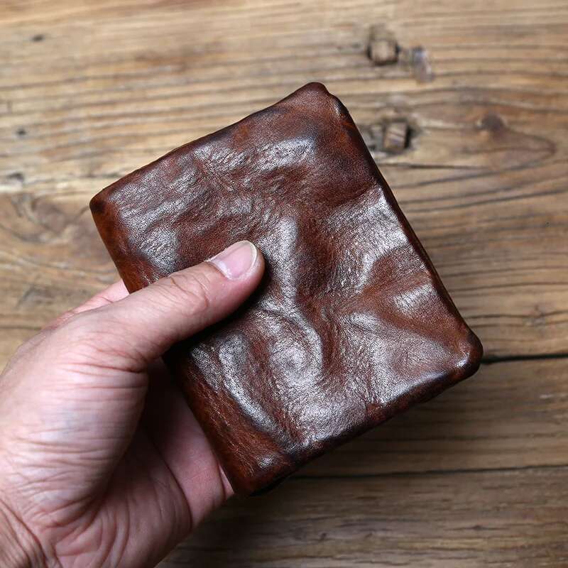NZPJ Men's Cowhide Retro Women's Short Vegetable Tanned Leather Vertical Wallet Youth Zipper ID Card Case