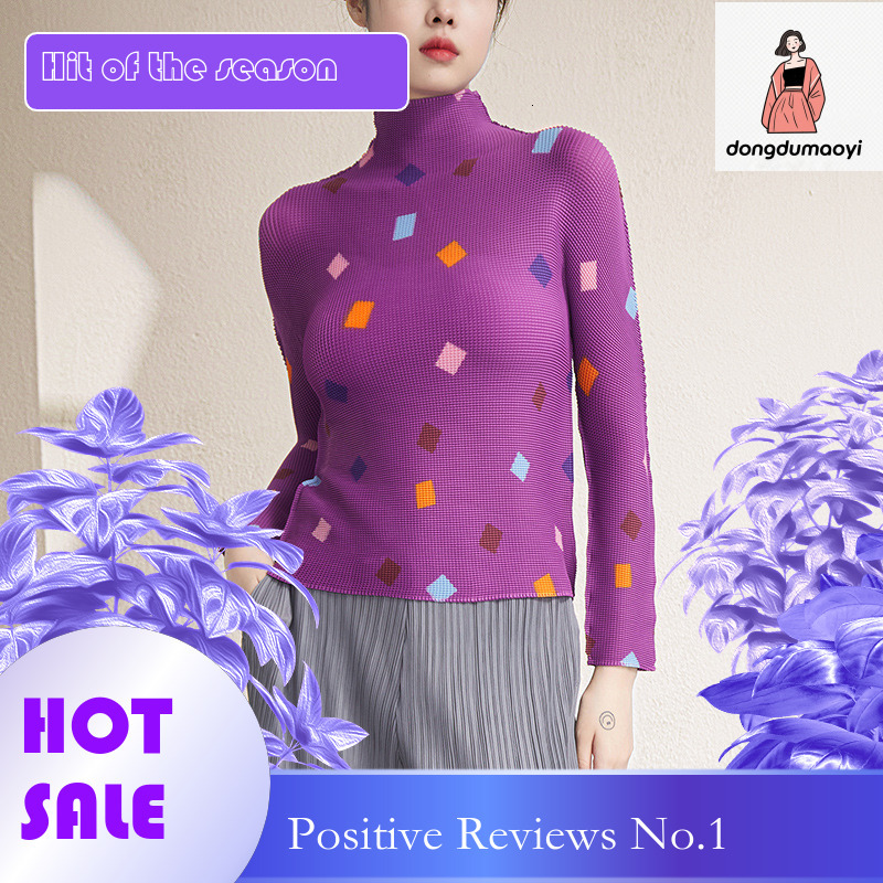 dongdumaoyi Miyake semi high neck printed top for women in spring and autumn, elastic slim fit, slimming long sleeved pleated T-shirt as base