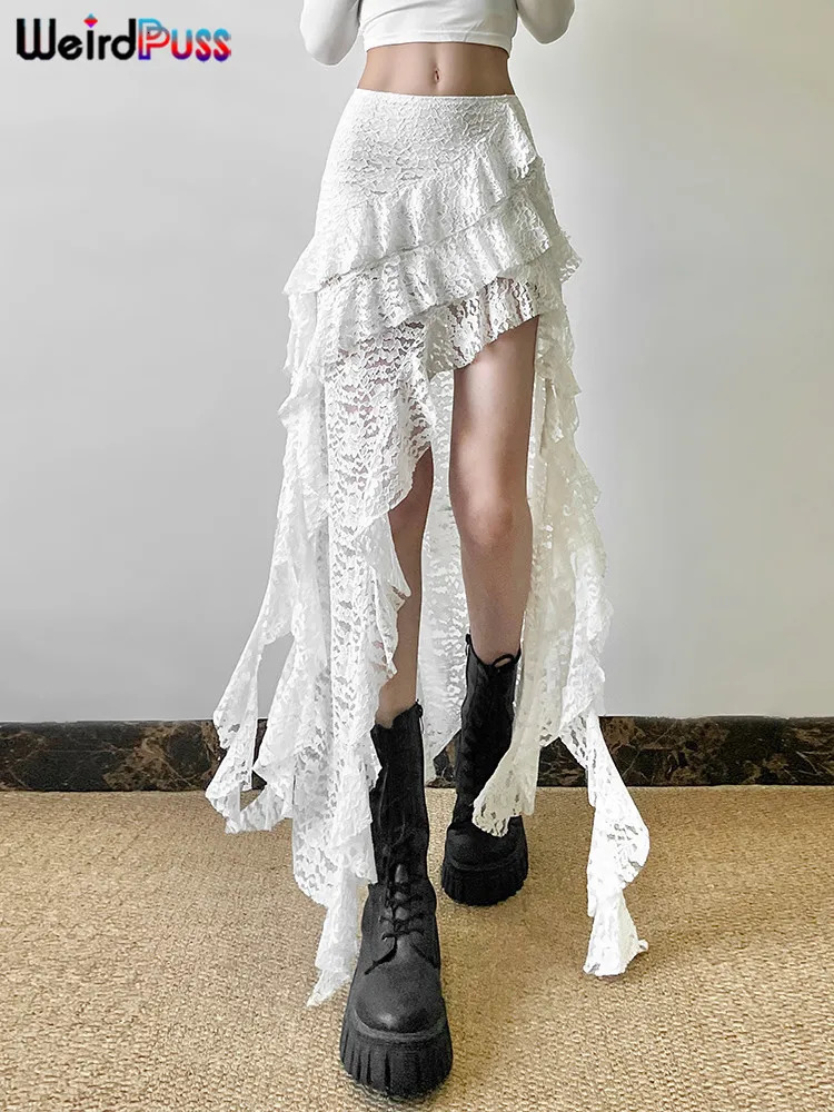 Weird Puss Tassels Women Skirts Chic Irregular Hem MultiLayered Ruffles Lace Patchwork Summer Trend Skinny Versatile Bottoms 250514