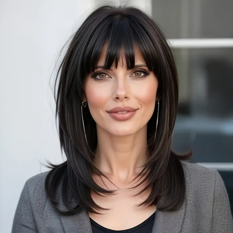 Elegant Female Stylish False Headwear Sleek Black Wigs With Layers & Side Swept Tresses