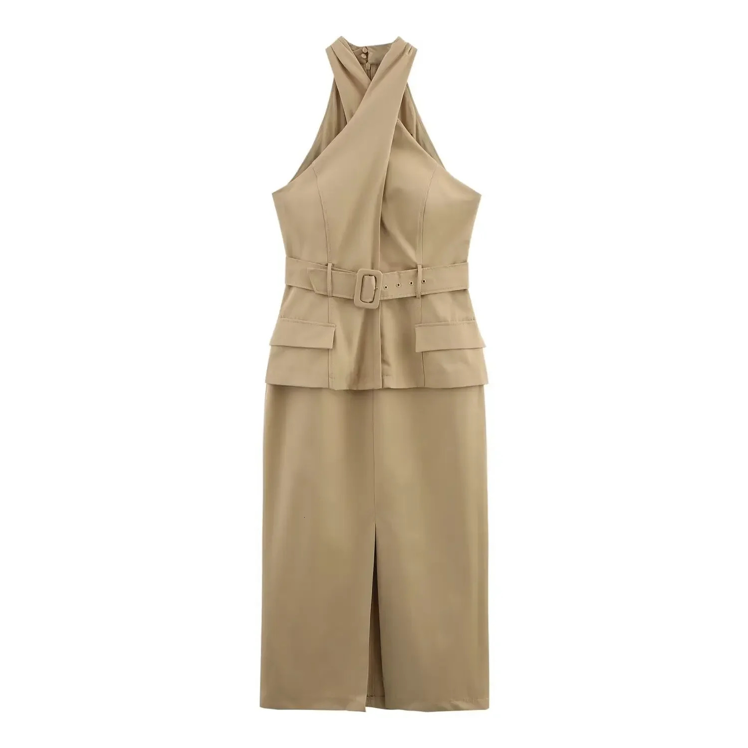 ZBZA Womens Cross Dress Vneck Sleeveless Tie Hem Slit Mid Skirt Spring and Summer Casual Solid Color Fashion Long 250514