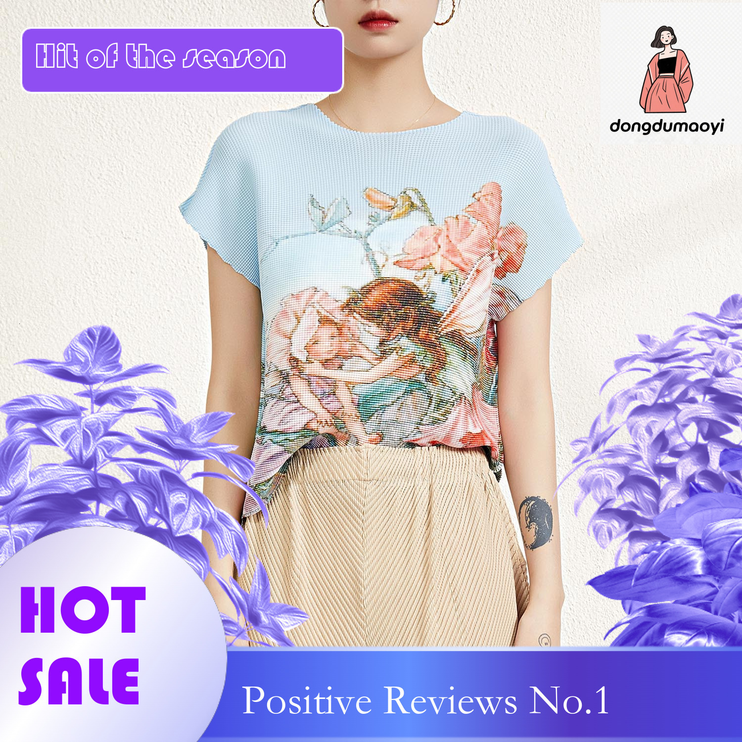 dongdumaoyi Miyake summer new loose plus size slimming T-shirt printed base shirt versatile pleated short sleeved round neck top for women