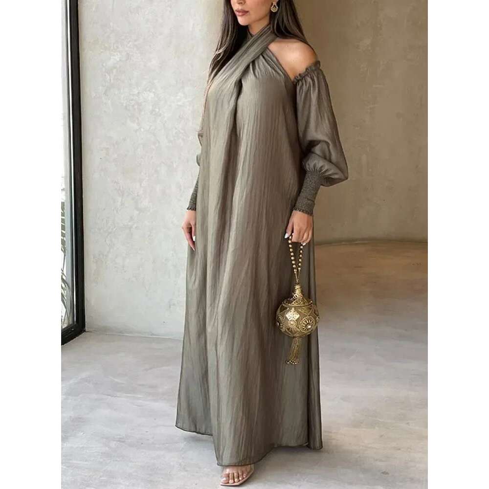 Modigirl American Retro Halter-neck Loose Cold Shoulder Puff Sleeves H-line Maxi Dress 2025 New Elegant Evening Dresses