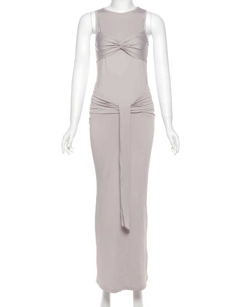 Weird Puss Ruched Knot Dress Women Chest Wrap Y2K Summer Long Ribbon Solid o-Neck Simple Streetwear Stretch Sleeveless DressesXJ250514