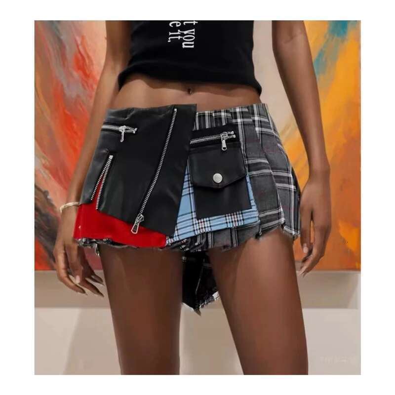 2025 New Women's Cotton Lace Patchwork Design Plaid Mini Leather Skirts Streetwear Female Modern Punk Irregular Pleated Skirt