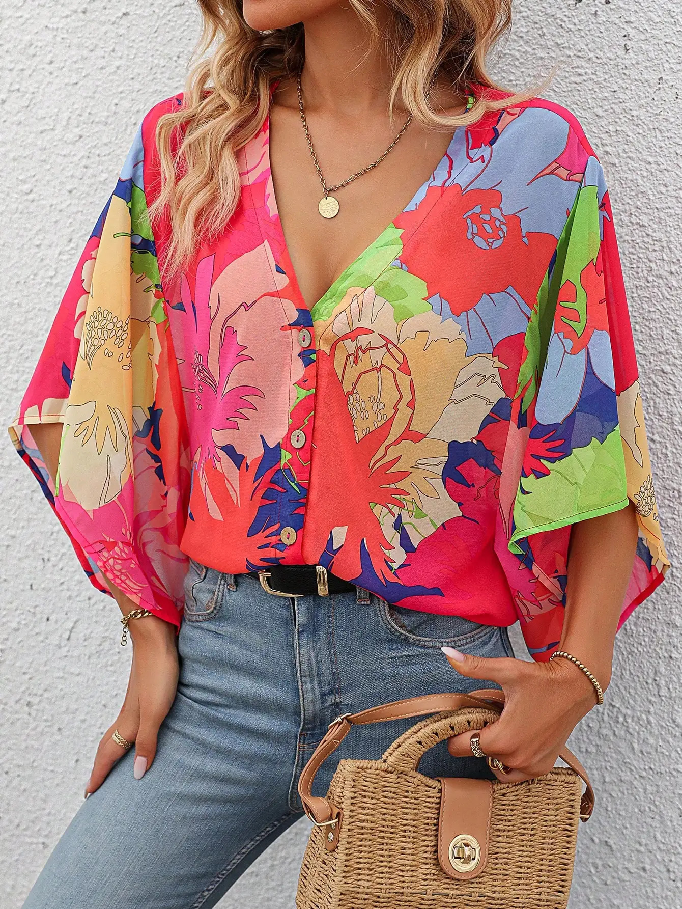 Elegant and stylish womens shirt deep Vneck button midsleeve bat sleeve fullbody printed Bohemian vacation style 250514
