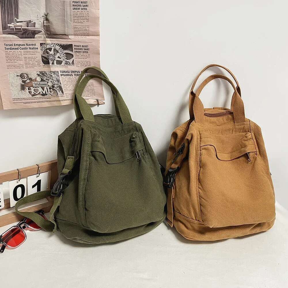 Canvas Vintage Commuting School Bag Solid Color Student Rucksack Aesthetic Hippie Y2k Backpack For Women Girls