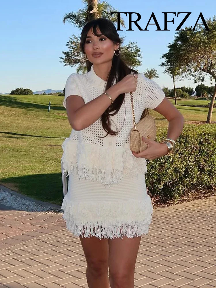 TRAFZA Women Mini Skirts Set Short Sleeve Lapel SingleBreasted Fringe Decorate TopsHigh Waist ALine Skirt Female Knitted Suit 250514