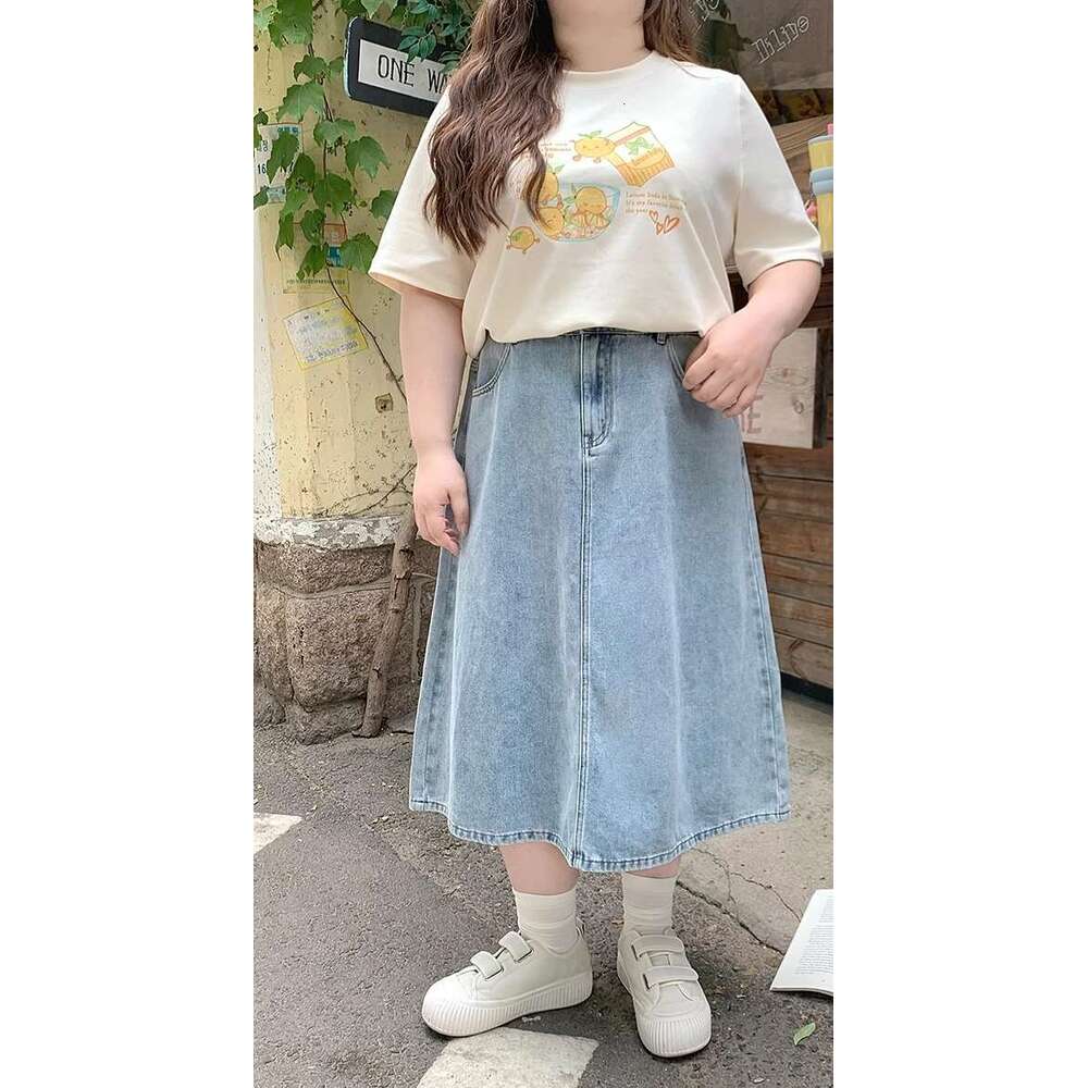 Large Size L-4XL Women College Style Age-reducing Versatile Long A-Line Denim Solid Color Elastic High Waist Skirt