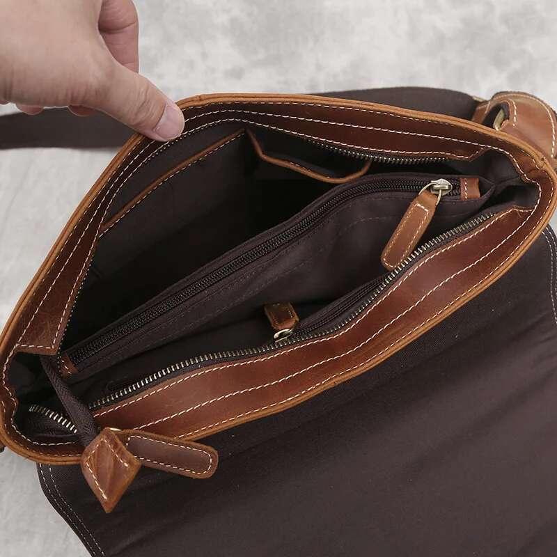 NZPJ New Shoulder Retro Top Layer Cowhide A4 File Men's Brown Handmade Crazy Horse Leather Messenger Bag